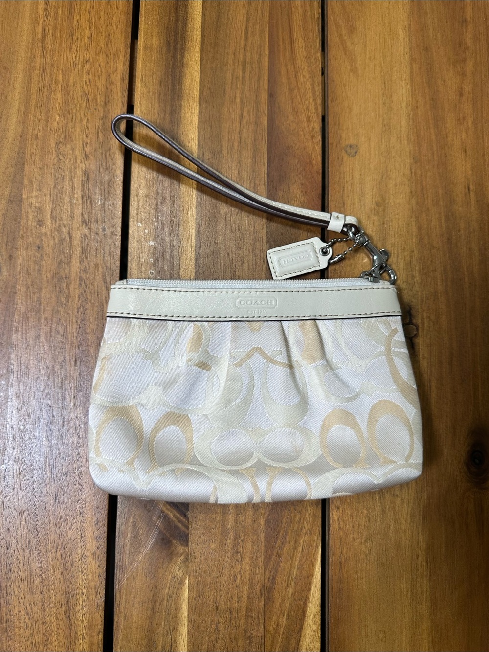 Coach Signature Wristlet in Cream and Tan